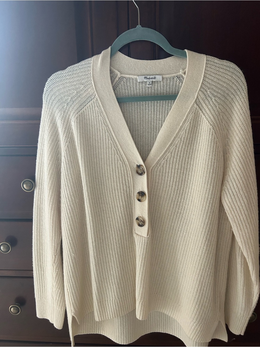 Madewell Ivory Ribbed V-Neck Button Pullover